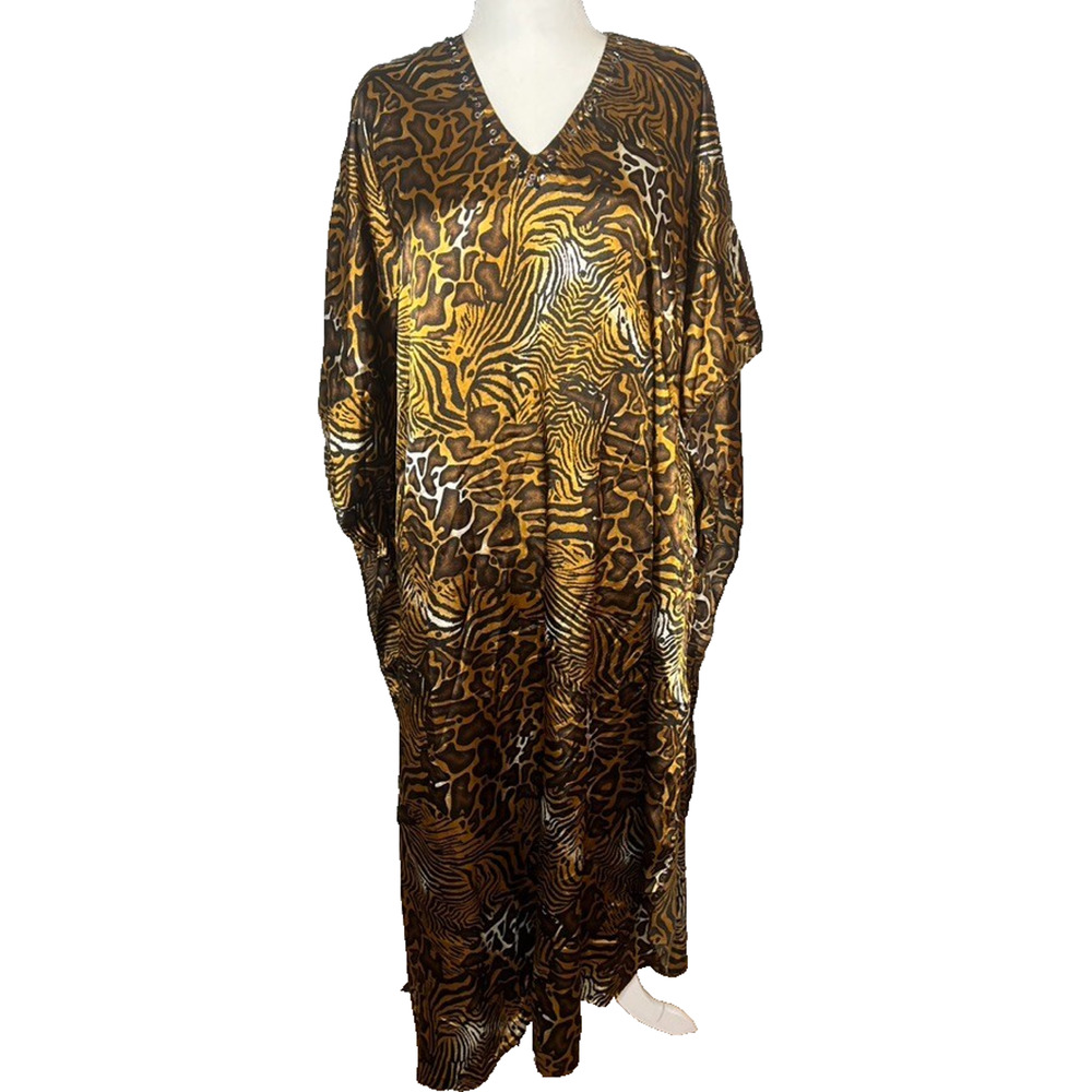 Luxell‎ Kaftan House Dress OS Satin Beads Animal Tiger Zebra Cheetah Print Cover
